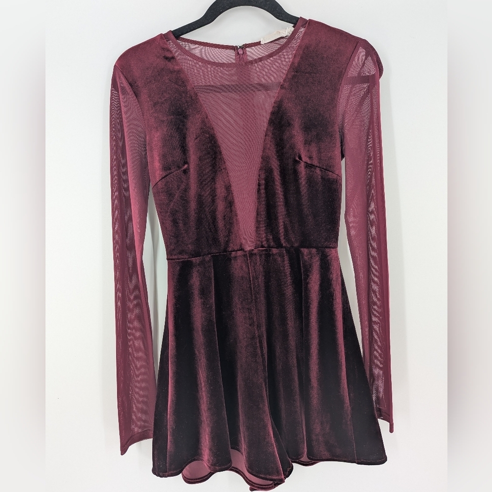 Victoria + Sophia Burgundy Velvet Mesh Long Sleeve Romper Small Whimsigoth